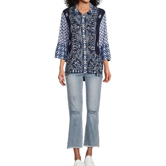 John Mark Woven Embroidered Tie Dye Print Wire Collar 3/4 Sleeve Button Tunic - Picture 7 of 16